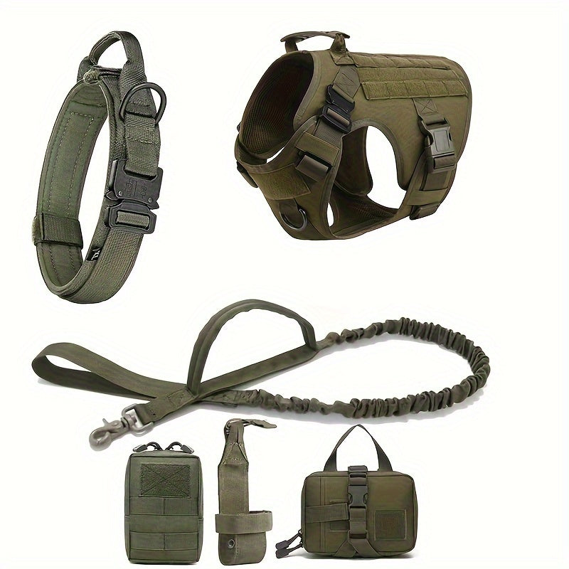 Tactical Dog Harness Set with Adjustable Training Vest, Leash, Collar, Water Bottle Holder, and Waist Bag for Small, Medium, Large Breeds - Durable Knit Fabric Composition with Press Buckle Closure System