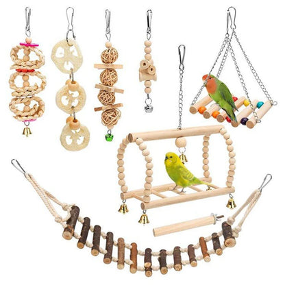 Ensemble de jouets pour perroquets et oiseaux 8 pièces – Jouets à mâcher en bois, balançoire, cloche et outils de dressage pour oiseaux