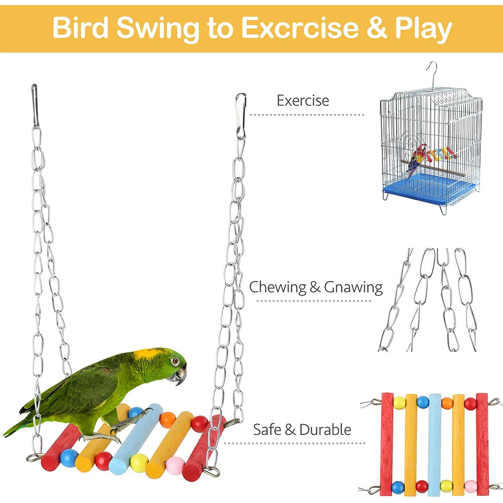 Lot de 11 jouets pour cage à oiseaux en bois pour perroquets, balançoire, pont à mâcher fiable, perles en bois, jouet pour perroquet