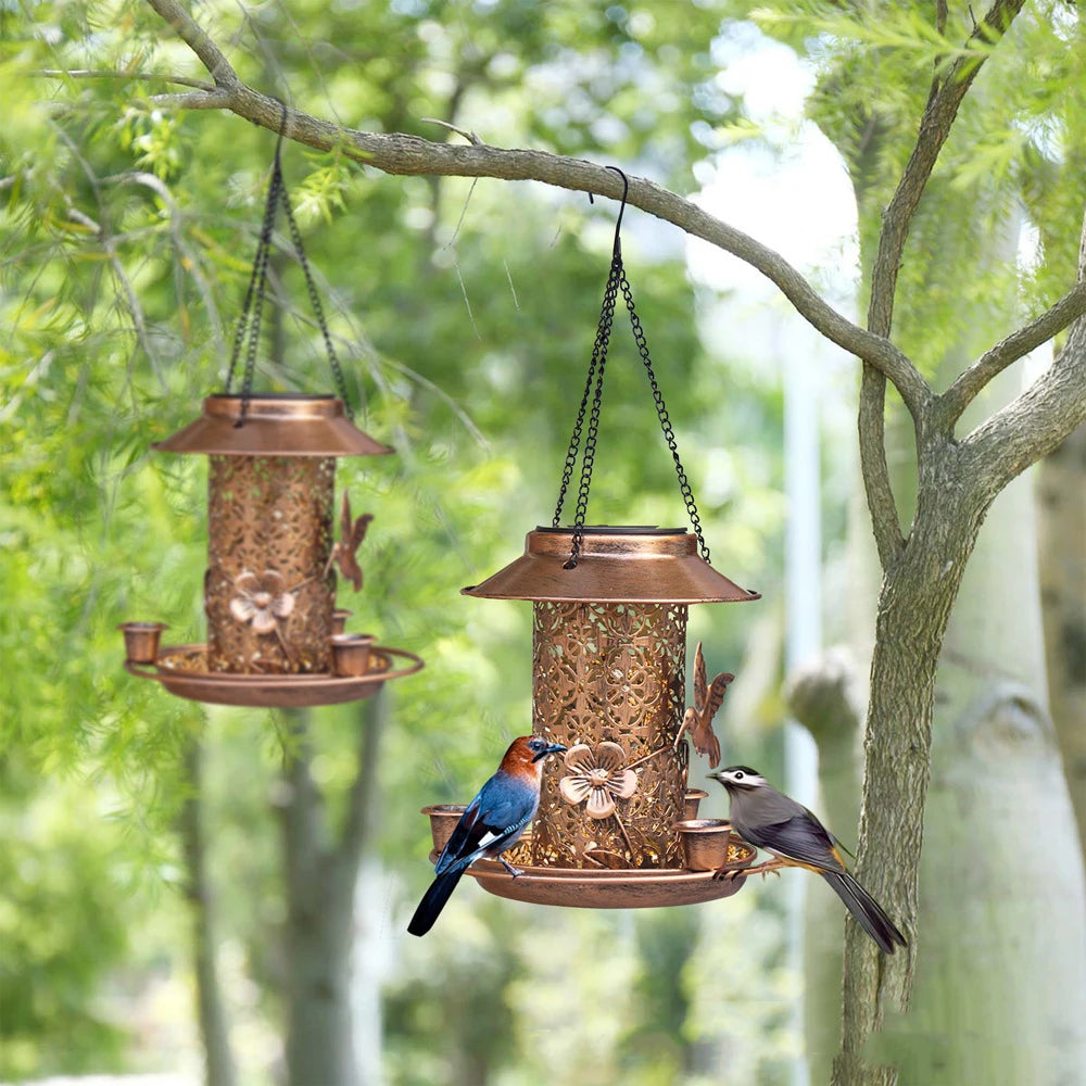 Mangeoire solaire pour oiseaux en métal pour l'extérieur, maison d'oiseaux suspendue avec lumière, idées cadeaux pour les amoureux des oiseaux, décoration de jardin extérieur et d'arrière-cour