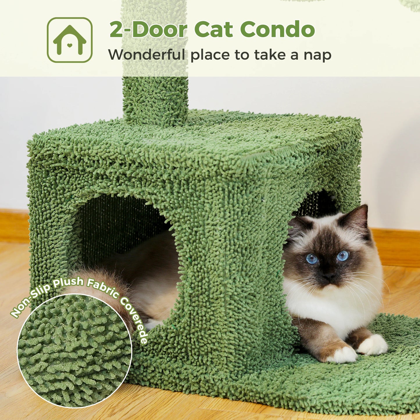Arbre à chat en forme de cactus avec grand condo, hamac, griffoir et balle suspendue – Indoor Cat Towe