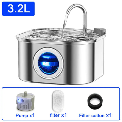 Distributeur d'eau pour chat avec fenêtre transparente et capteur - Fontaine à eau pour chat en acier inoxydable 3,2 L/108 oz 