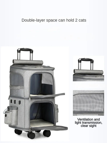 Sac à roulettes double couche pour animaux de compagnie avec roues silencieuses - Sac de transport de voyage portable et respirant pour chats et chiens