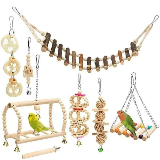 Ensemble de jouets pour perroquets et oiseaux 8 pièces – Jouets à mâcher en bois, balançoire, cloche et outils de dressage pour oiseaux
