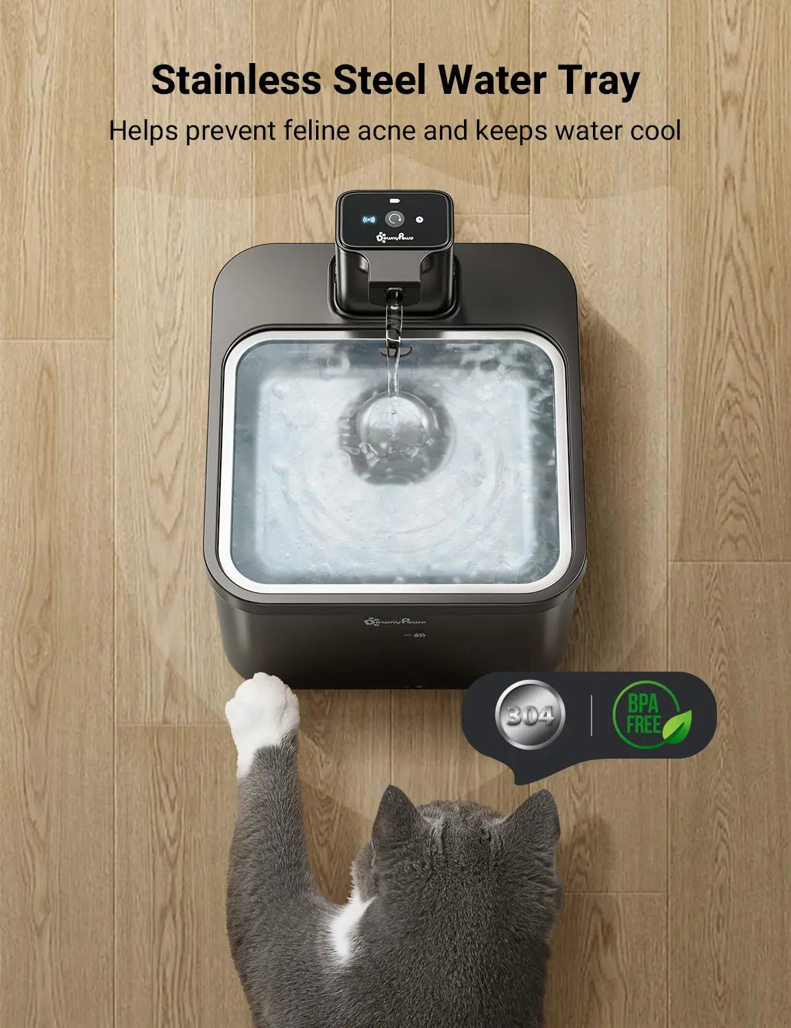 Fontaine à eau automatique pour chat en acier inoxydable DownyPaws de 2,5 L - Sans fil, alimentée par batterie, activée par capteur