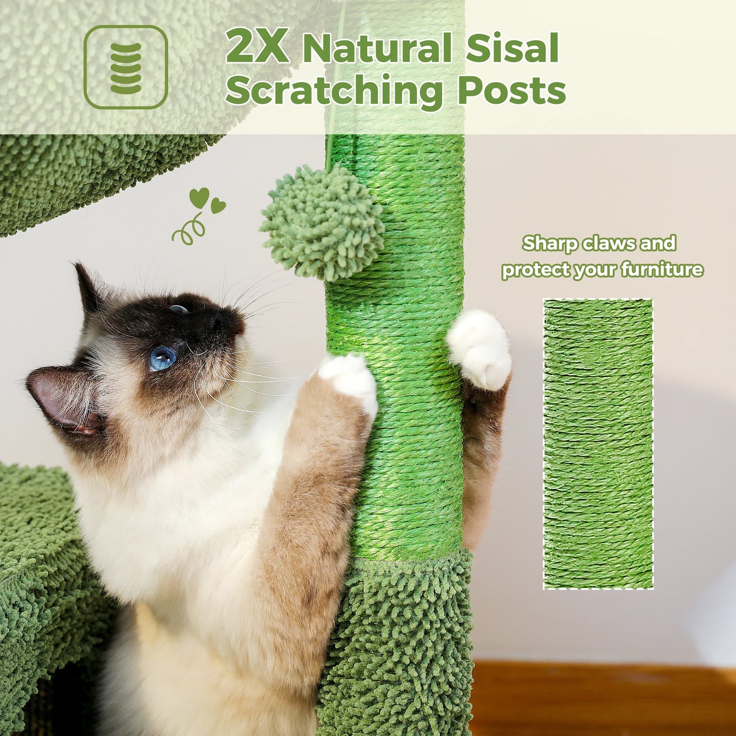 Arbre à chat en forme de cactus avec grand condo, hamac, griffoir et balle suspendue – Indoor Cat Towe