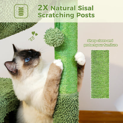 Arbre à chat en forme de cactus avec grand condo, hamac, griffoir et balle suspendue – Indoor Cat Towe
