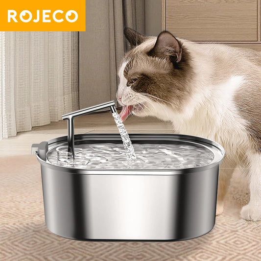 ROJECO Fontaine à eau pour chat en acier inoxydable Abreuvoir automatique pour chat Fontaine à boire pour chats Chiens Distributeur d'eau pour animaux de compagnie Accessoires
