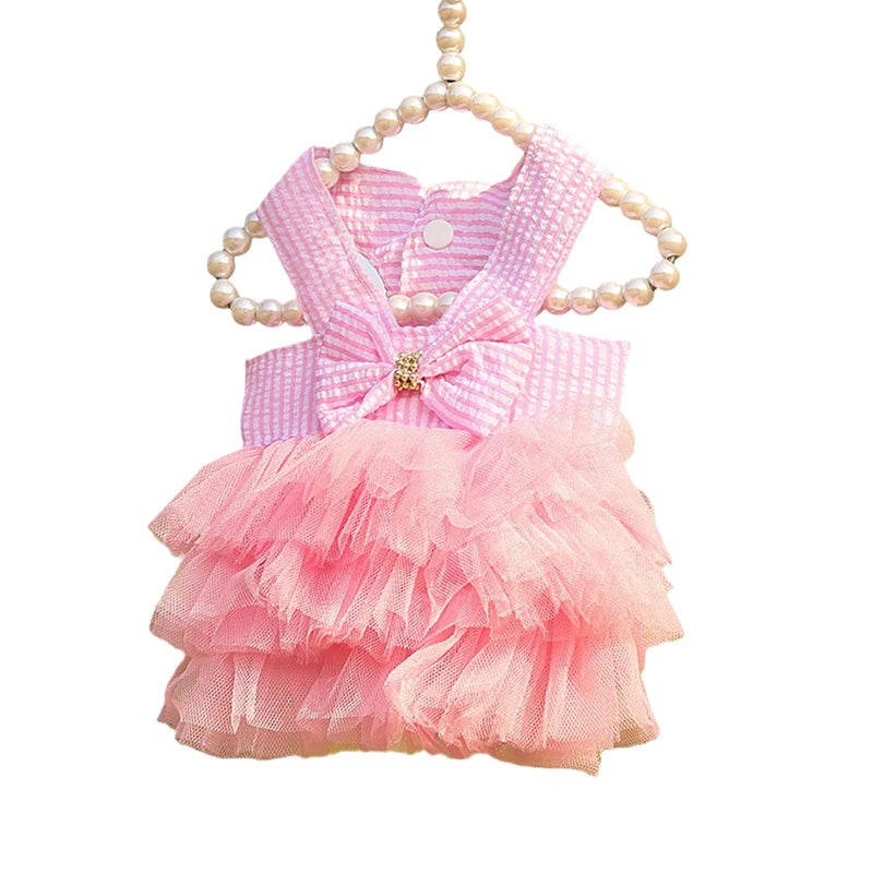 Prinzessinnenkleid für Katzenwelpen – Gestreiftes kariertes Sommerkleid mit Schleife für Katzen, Kätzchen, Kaninchen und kleine Hunde 