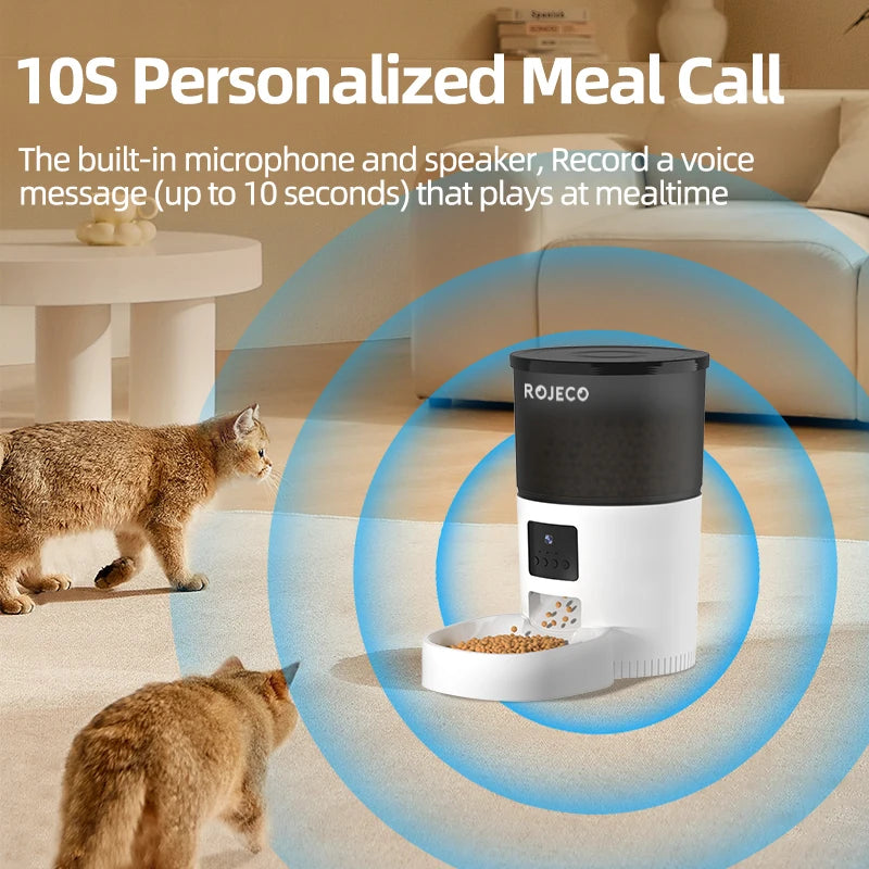 ROJECO Distributeur automatique de nourriture pour chat avec caméra vidéo Distributeur de nourriture pour chat Enregistreur vocal intelligent pour animaux de compagnie Mangeoire automatique à télécommande pour chat et chien