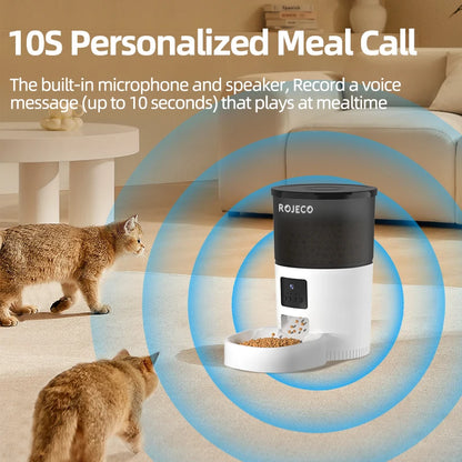 ROJECO Distributeur automatique de nourriture pour chat avec caméra vidéo Distributeur de nourriture pour chat Enregistreur vocal intelligent pour animaux de compagnie Mangeoire automatique à télécommande pour chat et chien