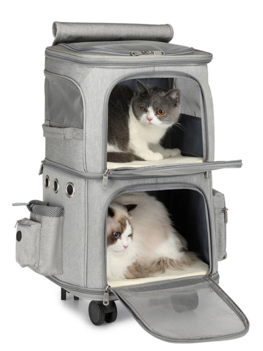 Sac à roulettes double couche pour animaux de compagnie avec roues silencieuses - Sac de transport de voyage portable et respirant pour chats et chiens