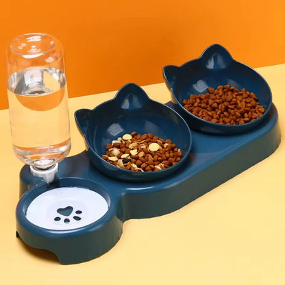 Dreifacher Katzennapf, Futterautomat für Haustiere, 2-in-1-Doppelnäpfe mit automatischer Trinkflasche, neig- und drehbares Design für Katzen und Hunde