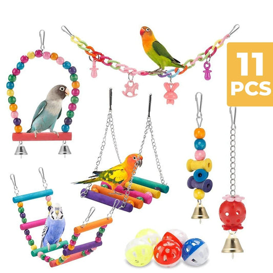 Lot de 11 jouets pour cage à oiseaux en bois pour perroquets, balançoire, pont à mâcher fiable, perles en bois, jouet pour perroquet