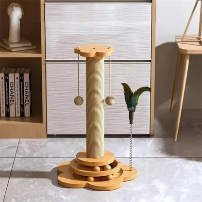 Arbre à chat avec plateau tournant – Jouet amusant pour chat avec planche en sisal, bâton de taquinerie et design durable 