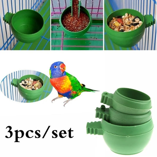 Lot de 3 mini bols à eau et nourriture en plastique vert pour perroquets, cage à oiseaux, pigeons, tasse à sable, outil d'alimentation, accessoire