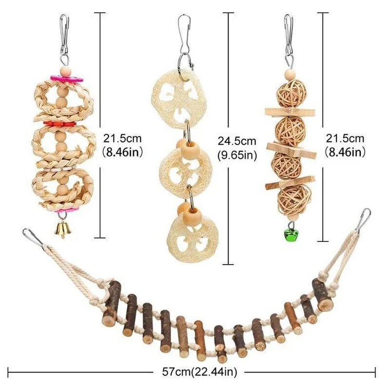 Ensemble de jouets pour perroquets et oiseaux 8 pièces – Jouets à mâcher en bois, balançoire, cloche et outils de dressage pour oiseaux