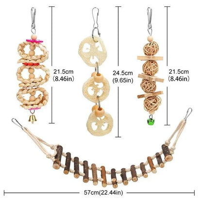 Ensemble de jouets pour perroquets et oiseaux 8 pièces – Jouets à mâcher en bois, balançoire, cloche et outils de dressage pour oiseaux