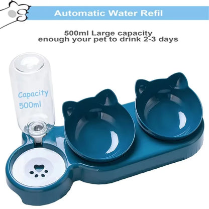 Dreifacher Katzennapf, Futterautomat für Haustiere, 2-in-1-Doppelnäpfe mit automatischer Trinkflasche, neig- und drehbares Design für Katzen und Hunde
