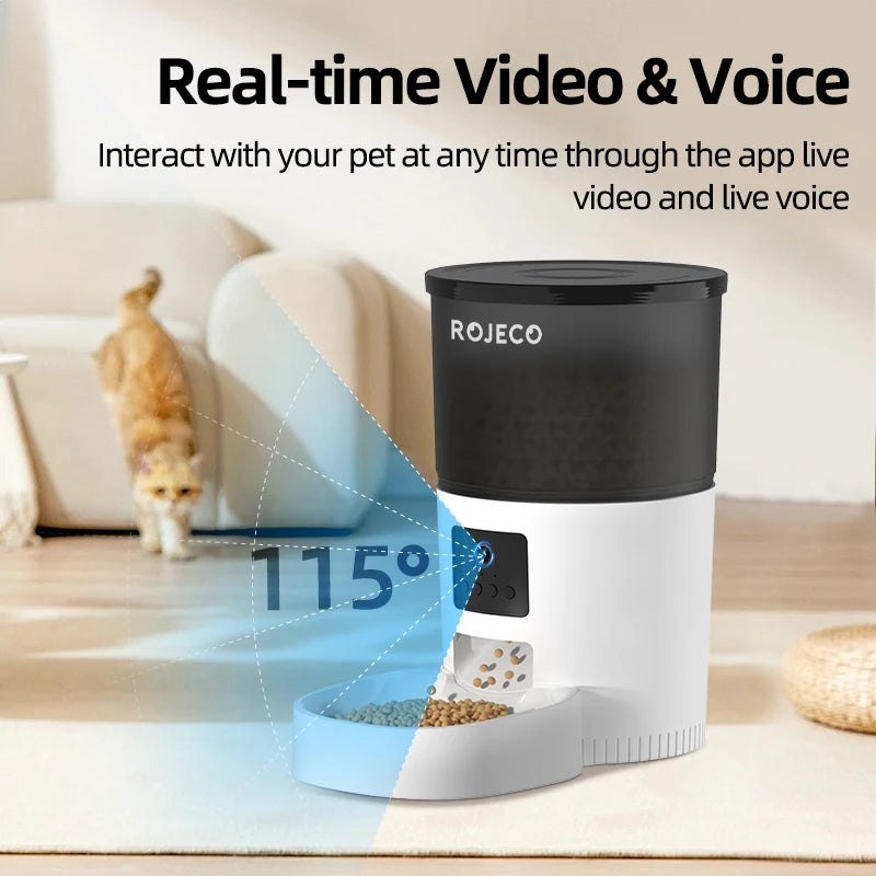 ROJECO Distributeur automatique de nourriture pour chat avec caméra vidéo Distributeur de nourriture pour chat Enregistreur vocal intelligent pour animaux de compagnie Mangeoire automatique à télécommande pour chat et chien