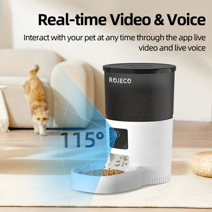 ROJECO Distributeur automatique de nourriture pour chat avec caméra vidéo Distributeur de nourriture pour chat Enregistreur vocal intelligent pour animaux de compagnie Mangeoire automatique à télécommande pour chat et chien