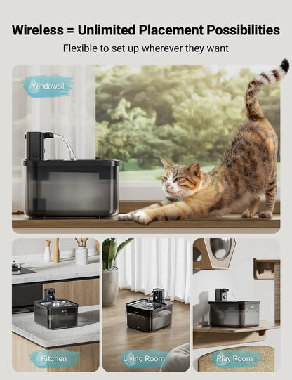 Fontaine à eau automatique pour chat en acier inoxydable DownyPaws de 2,5 L - Sans fil, alimentée par batterie, activée par capteur