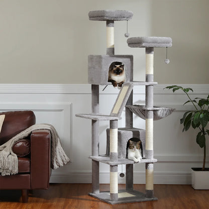 Arbre à chat à plusieurs niveaux de 180 cm de haut avec hamac et griffoirs