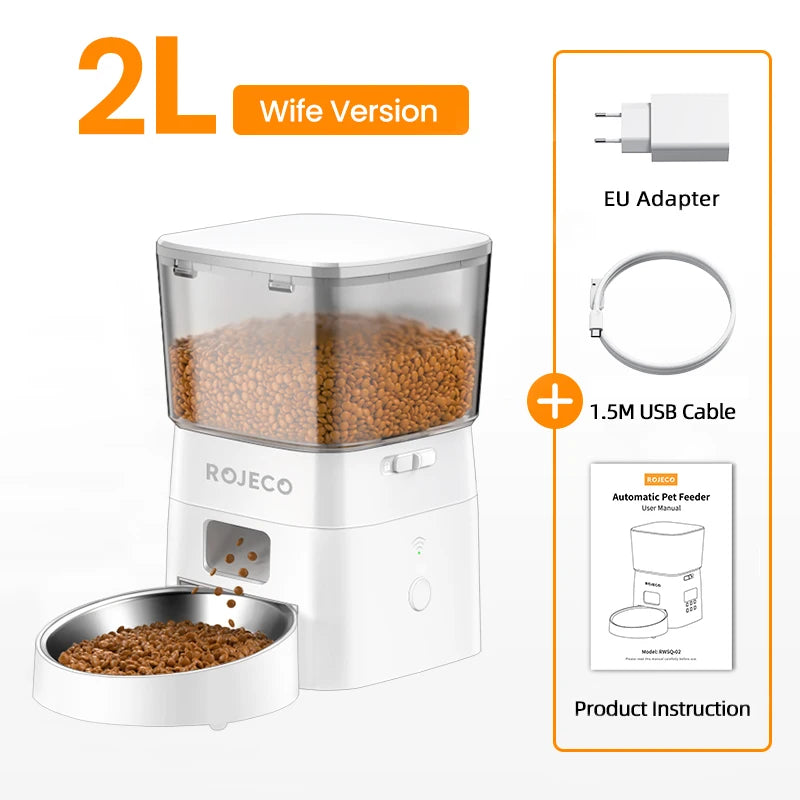 ROJECO Distributeur automatique de nourriture pour chat WIFI 2L Distributeur intelligent de nourriture pour animaux de compagnie pour chiens et aliments secs Distributeur de croquettes avec accessoires de télécommande
