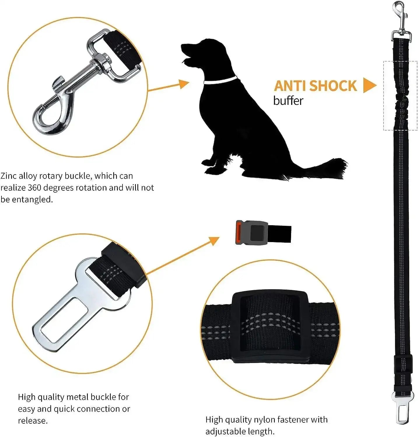 Ceinture de sécurité pour chien de haute qualité Ceinture de sécurité pour chien avec ceinture d'amortissement et ligne réfléchissante Longueur réglable Convient à tous les chiens