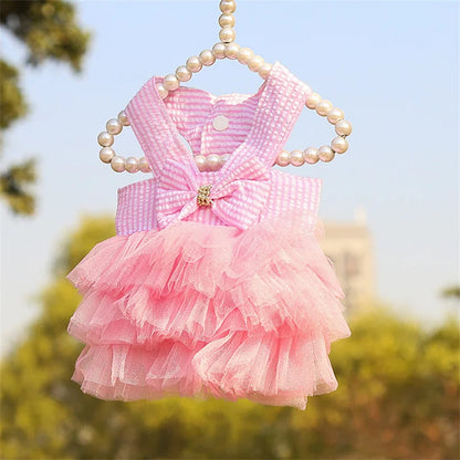 Prinzessinnenkleid für Katzenwelpen – Gestreiftes kariertes Sommerkleid mit Schleife für Katzen, Kätzchen, Kaninchen und kleine Hunde 
