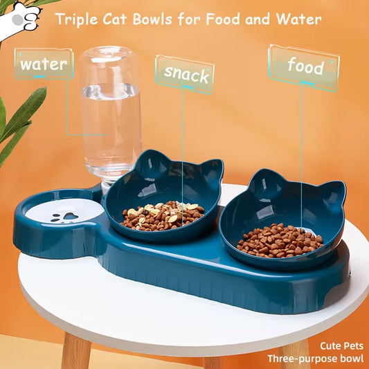 Gamelle triple pour chat, gamelle double 2 en 1 avec bouteille d'eau automatique, design incliné et rotatif pour chats et chiens