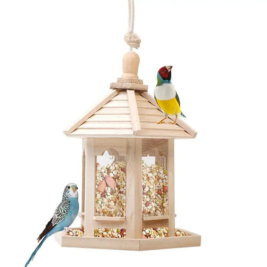 Mangeoire à oiseaux hexagonale en bois - Grande capacité avec toit 