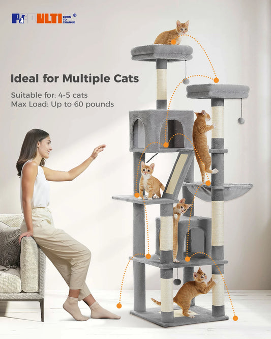 Arbre à chat à plusieurs niveaux de 180 cm de haut avec hamac et griffoirs