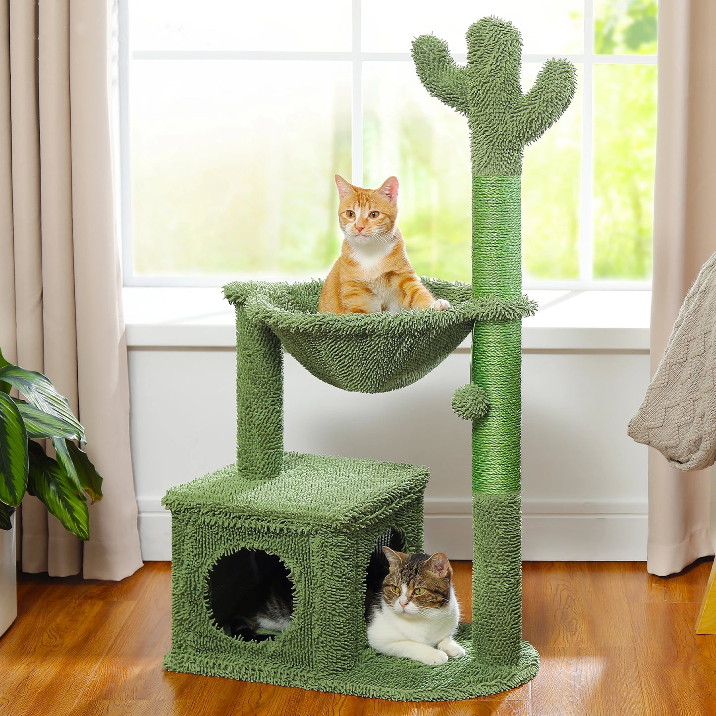 Arbre à chat en forme de cactus avec grand condo, hamac, griffoir et balle suspendue – Indoor Cat Towe