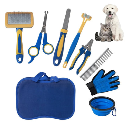 8-teiliges Pflegeset für Katzen und Hunde – Multifunktionsbürsten, Nagelknipser, Zahnbürste, Bademassagebürste und Reisenapf 