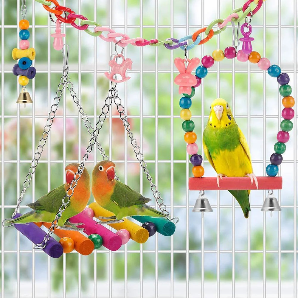 Lot de 11 jouets pour cage à oiseaux en bois pour perroquets, balançoire, pont à mâcher fiable, perles en bois, jouet pour perroquet