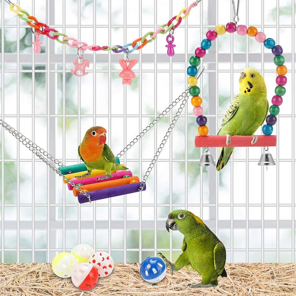 Lot de 11 jouets pour cage à oiseaux en bois pour perroquets, balançoire, pont à mâcher fiable, perles en bois, jouet pour perroquet