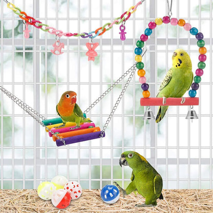 Lot de 11 jouets pour cage à oiseaux en bois pour perroquets, balançoire, pont à mâcher fiable, perles en bois, jouet pour perroquet