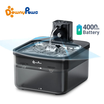 Fontaine à eau automatique pour chat en acier inoxydable DownyPaws de 2,5 L - Sans fil, alimentée par batterie, activée par capteur