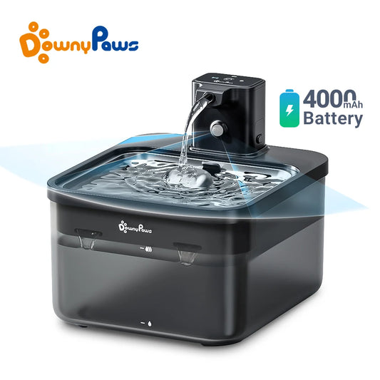 Fontaine à eau automatique pour chat en acier inoxydable DownyPaws de 2,5 L - Sans fil, alimentée par batterie, activée par capteur