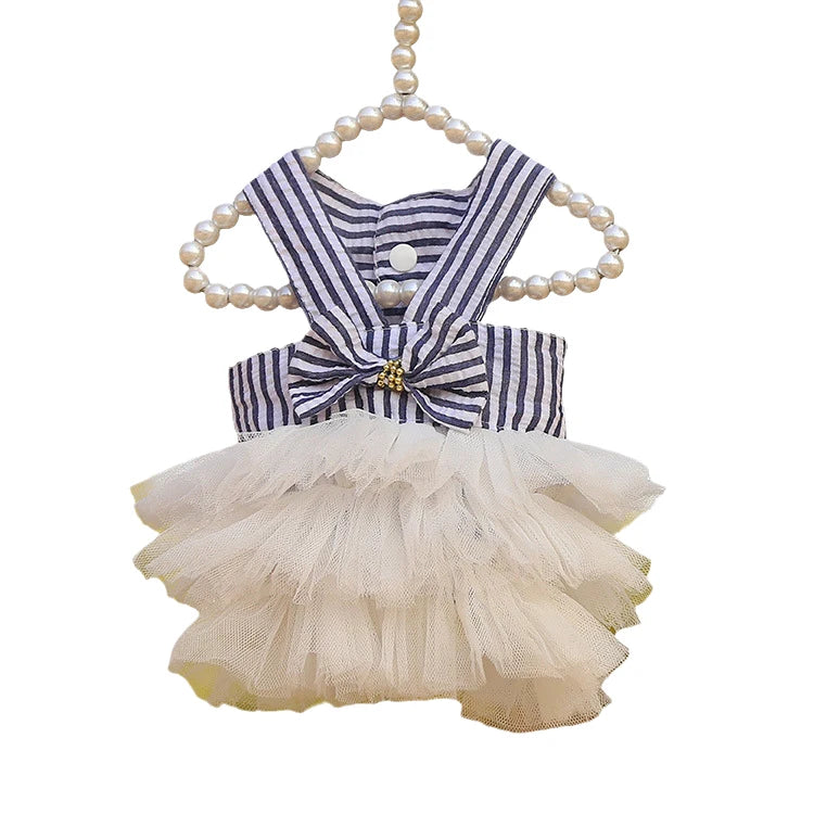 Prinzessinnenkleid für Katzenwelpen – Gestreiftes kariertes Sommerkleid mit Schleife für Katzen, Kätzchen, Kaninchen und kleine Hunde 