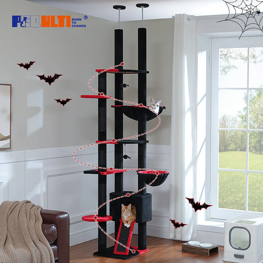 Grand arbre à chat du sol au plafond avec condo confortable et hamac