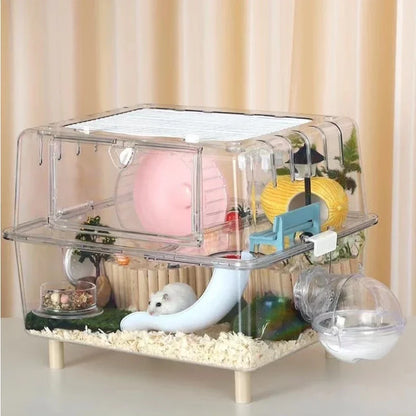 Cage pour hamster en acrylique à deux couches transparente Villa Cage de base Djungarian Hamster Boîte d'alimentation Spécial été Cottage Fournitures