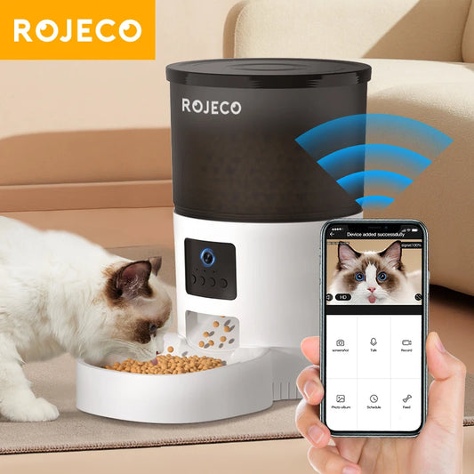 ROJECO Distributeur automatique de nourriture pour chat avec caméra vidéo Distributeur de nourriture pour chat Enregistreur vocal intelligent pour animaux de compagnie Mangeoire automatique à télécommande pour chat et chien