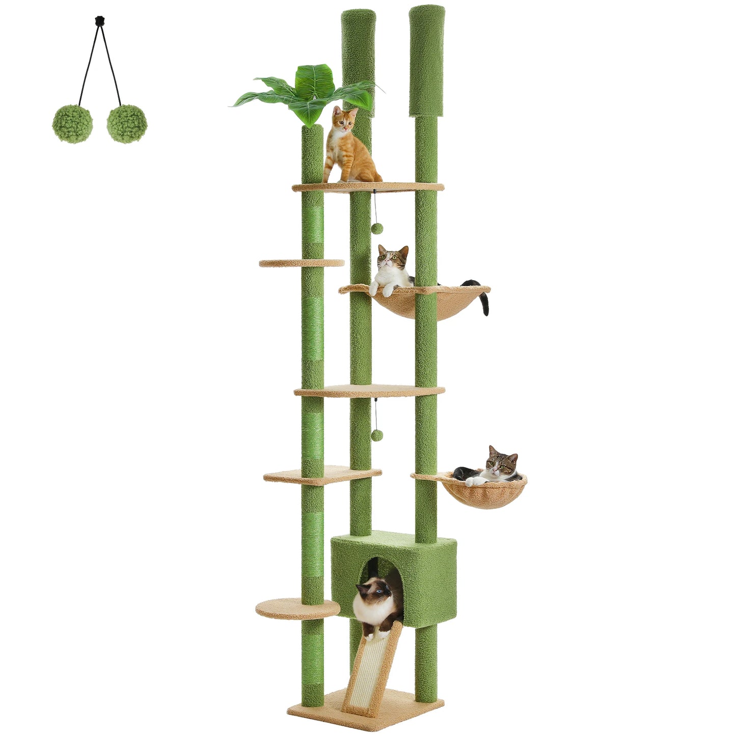 Vom Boden bis zur Decke hoher Katzenbaum mit gemütlicher Hütte und Hängematte