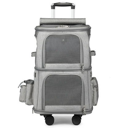 Sac à roulettes double couche pour animaux de compagnie avec roues silencieuses - Sac de transport de voyage portable et respirant pour chats et chiens