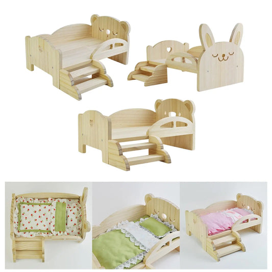 Lit de poupée miniature en bois avec escalier – Meubles de maison de jeu à l'échelle 1:6 pour poupées et hamsters
