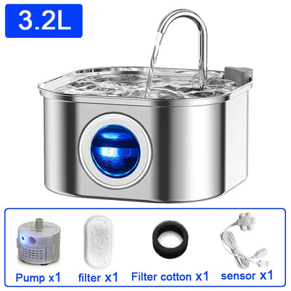 Distributeur d'eau pour chat avec fenêtre transparente et capteur - Fontaine à eau pour chat en acier inoxydable 3,2 L/108 oz 