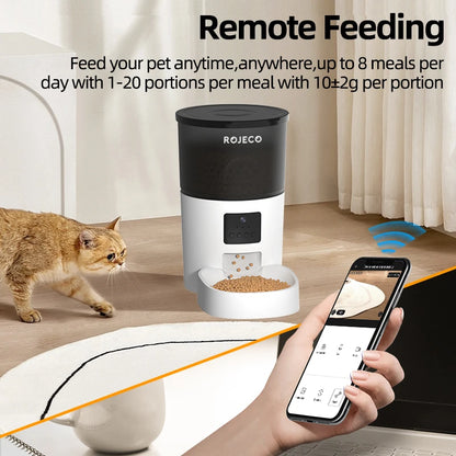 ROJECO Distributeur automatique de nourriture pour chat avec caméra vidéo Distributeur de nourriture pour chat Enregistreur vocal intelligent pour animaux de compagnie Mangeoire automatique à télécommande pour chat et chien