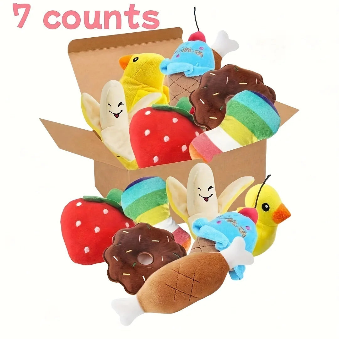 Un ensemble de 7 jouets sonores pour chiots, des jouets à mâcher en peluche pour animaux de compagnie, des collations aux fruits en peluche et des jouets pour chiots aux légumes, adaptés aux jeux mignons